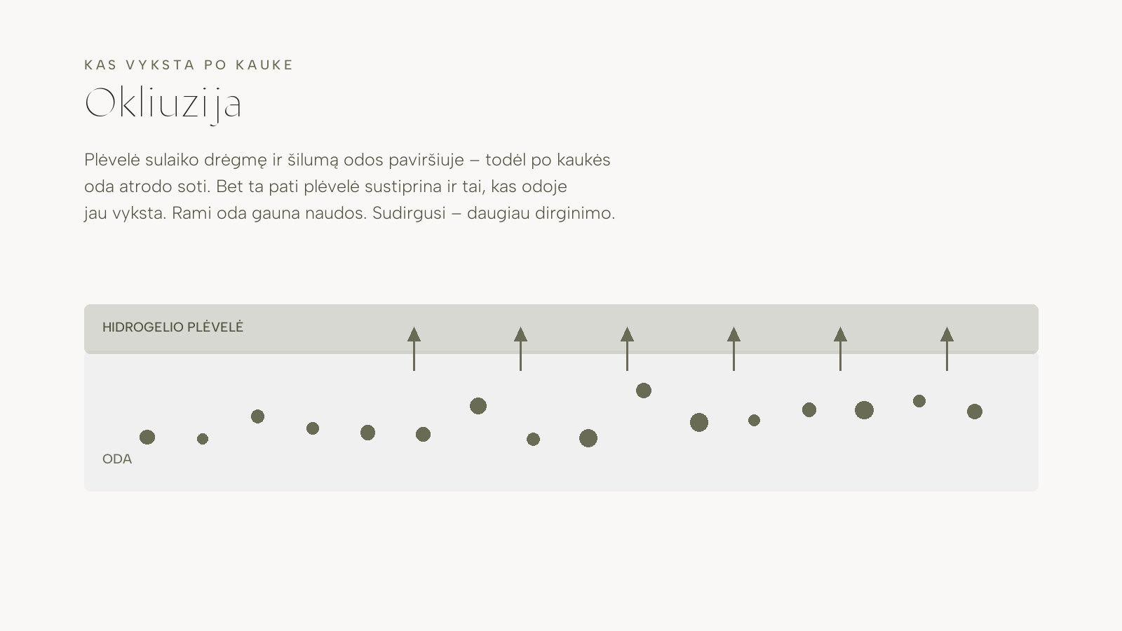 Schema: hidrogelio plėvelė sulaiko drėgmę ir šilumą odos paviršiuje